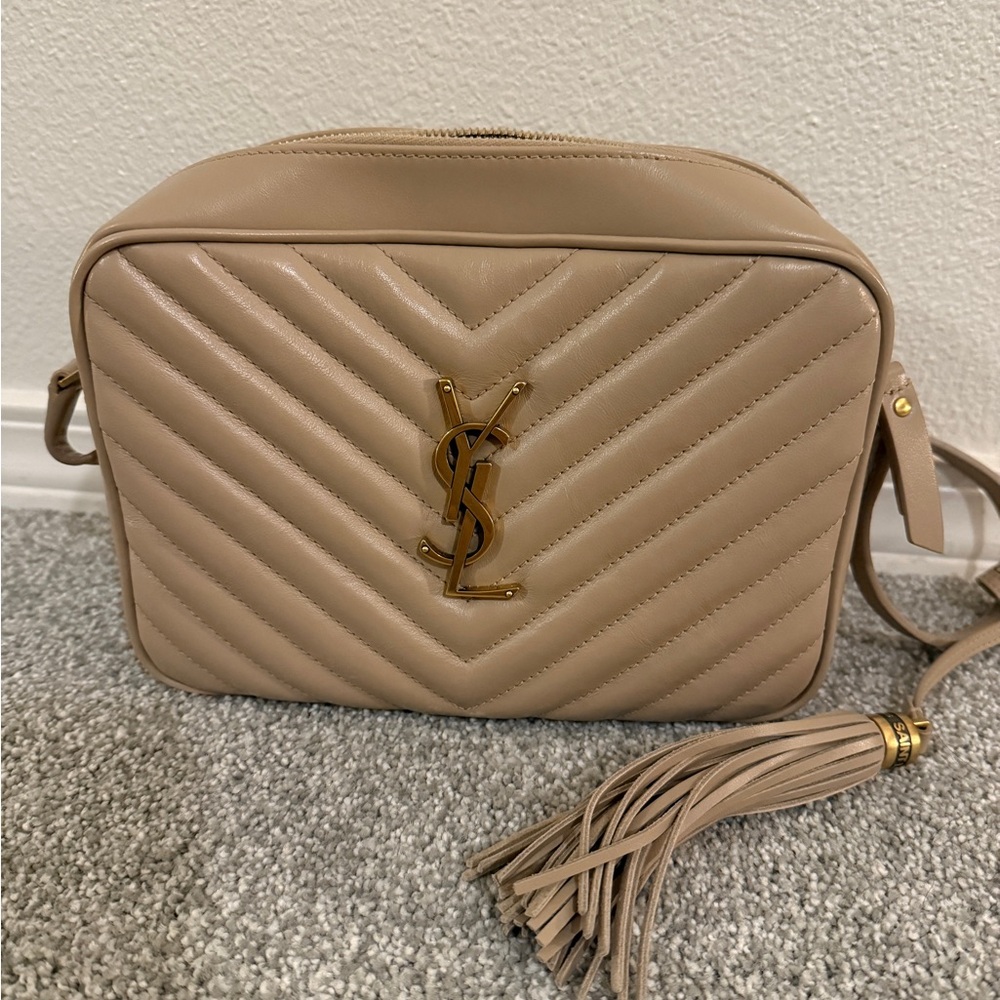 Saint Laurent Calfskin Matelasse Monogram Lou Camera Bag Dark Beige